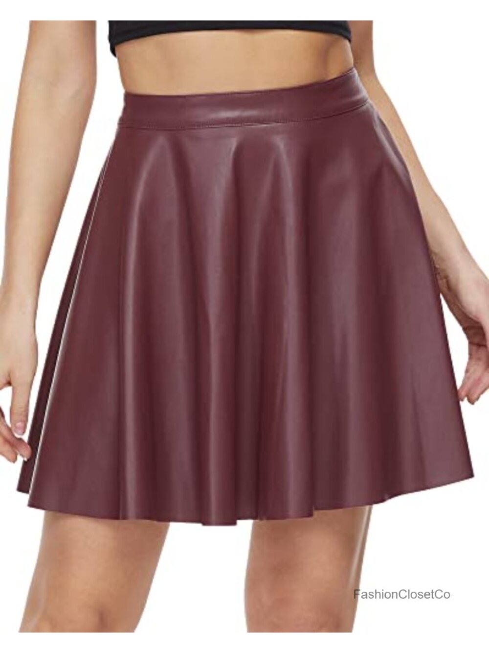 Faux Leather A-Line High Waist Pleated Mini Skater Skirt Stretchy